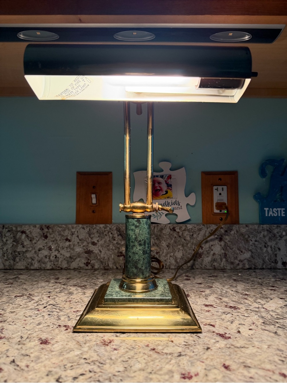 Bankers Desk Lamp Light Brass Green Marble Adjustable Antique